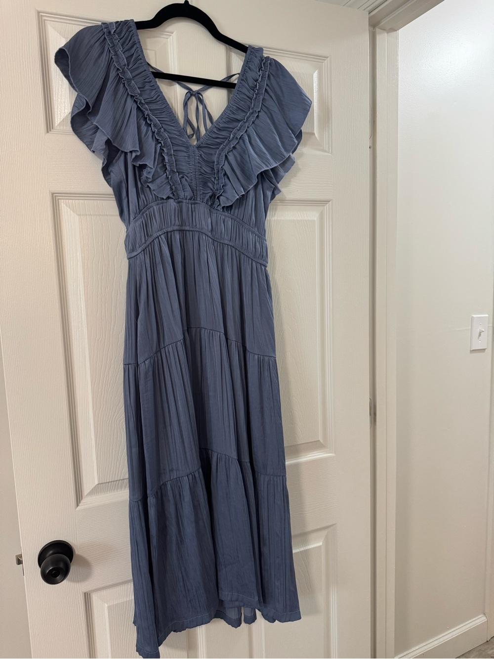 Ruffled V-Neck Tiered Maxi Dress - Dusty Blue